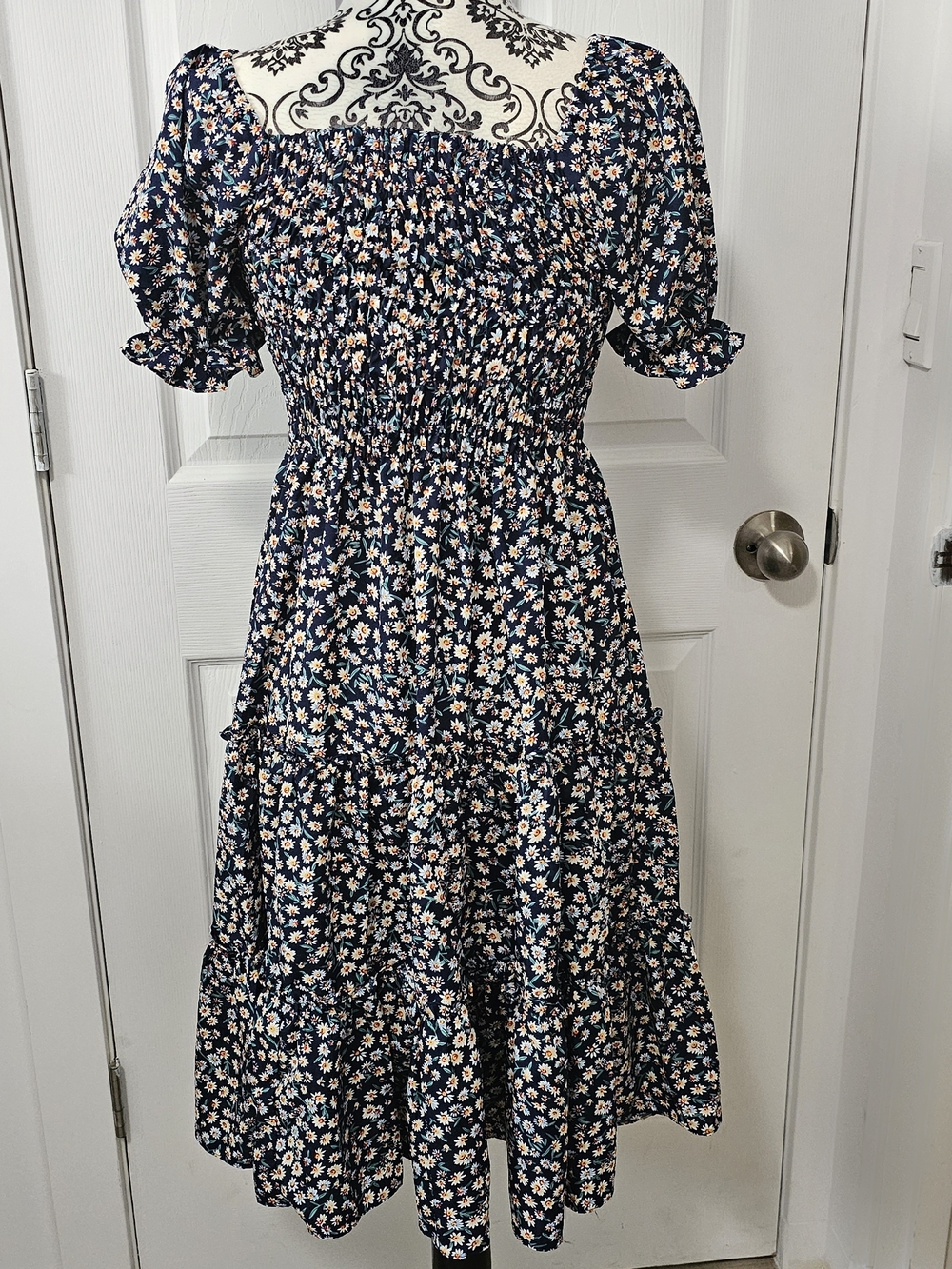 Navy Floral Smocked Midi Dress